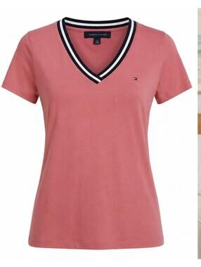 Tommy Hilfiger Women’s Petite Small Coral Pink VNeck Stretch Cotton T Shirt Logo